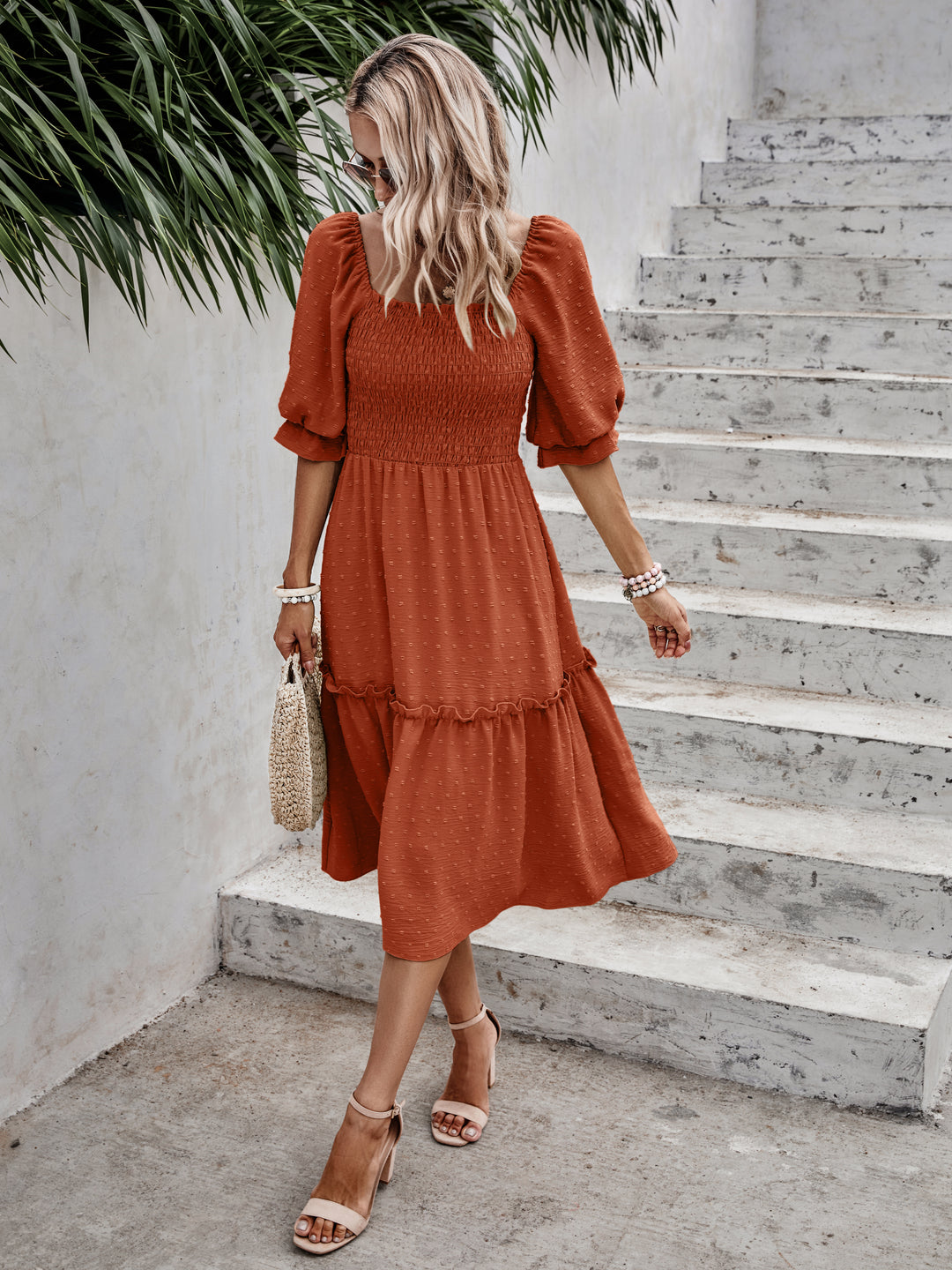 Orange Smocked Tiered Solid Dress