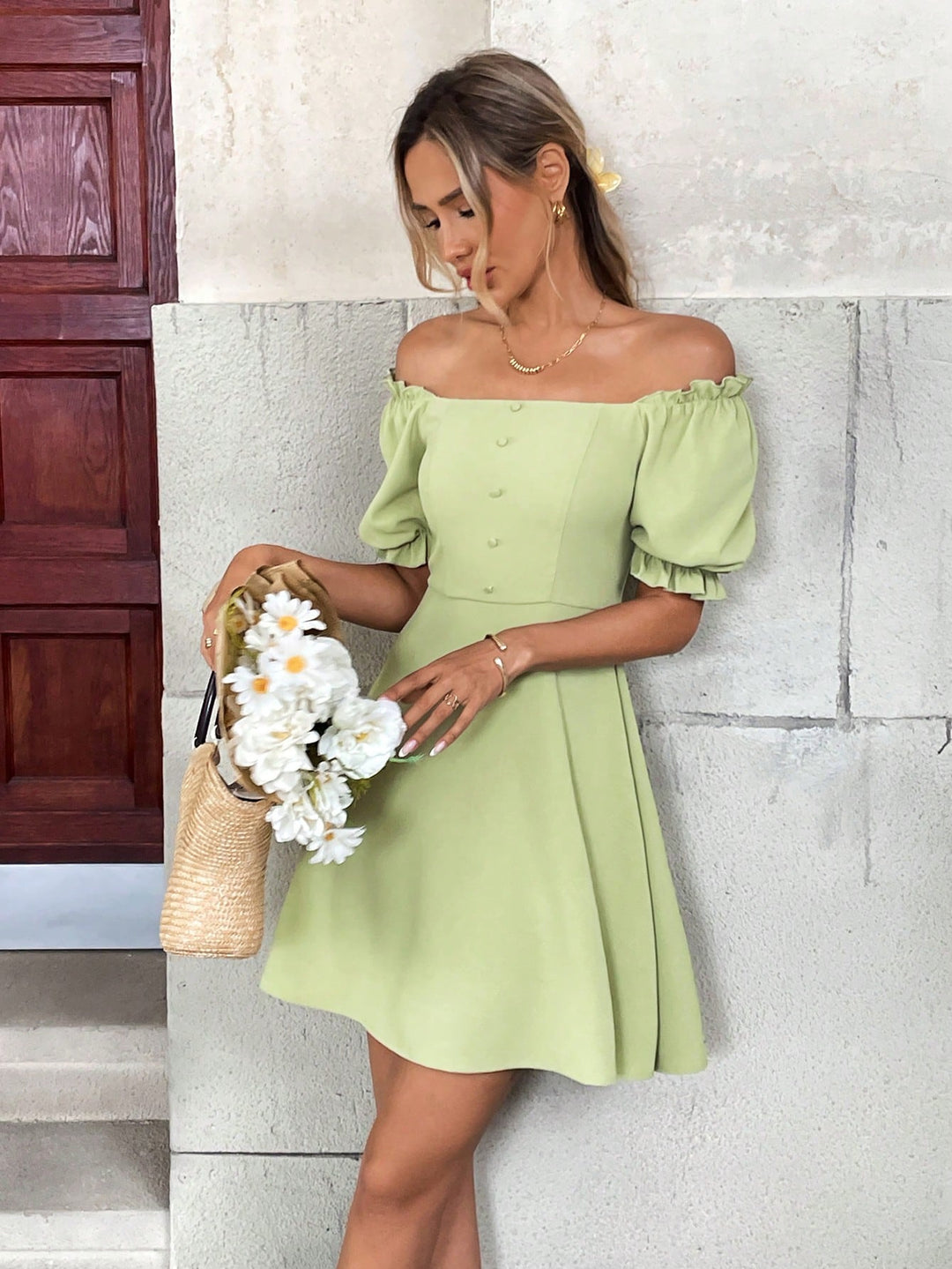Green Puff Sleeve Fitted Dress