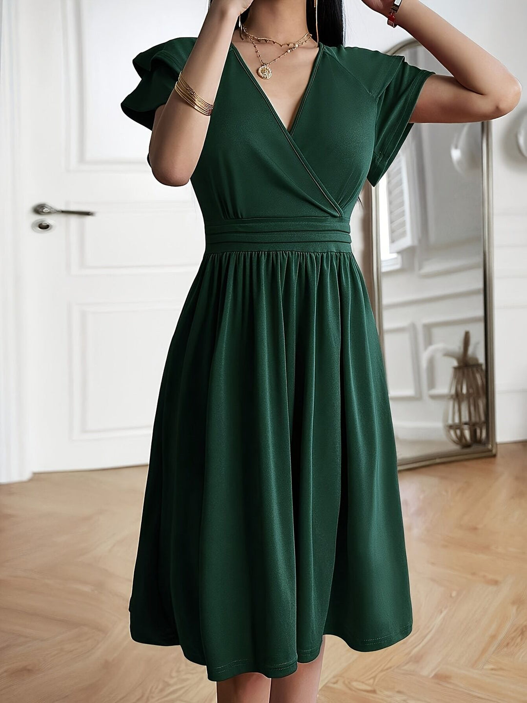 Green Wrap Upper Flared Dress