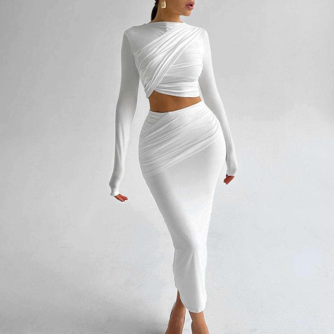 White Fitted Full Sleeves Top With Gathered Overlay Skirt