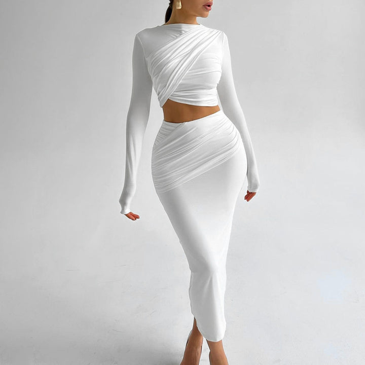White Fitted Full Sleeves Top With Gathered Overlay Skirt