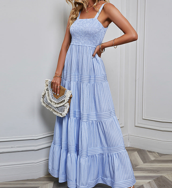 Light Blue Striped Tiered Dress