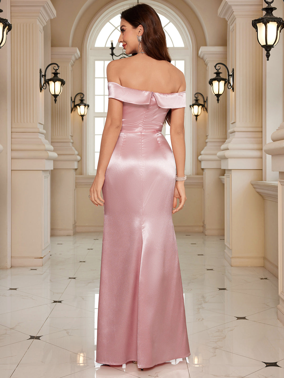 Pink Off Shoulder Side Slit Dress