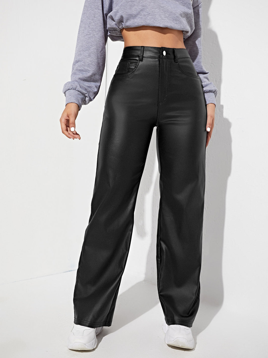 Black Pu Wide Leg Jeans