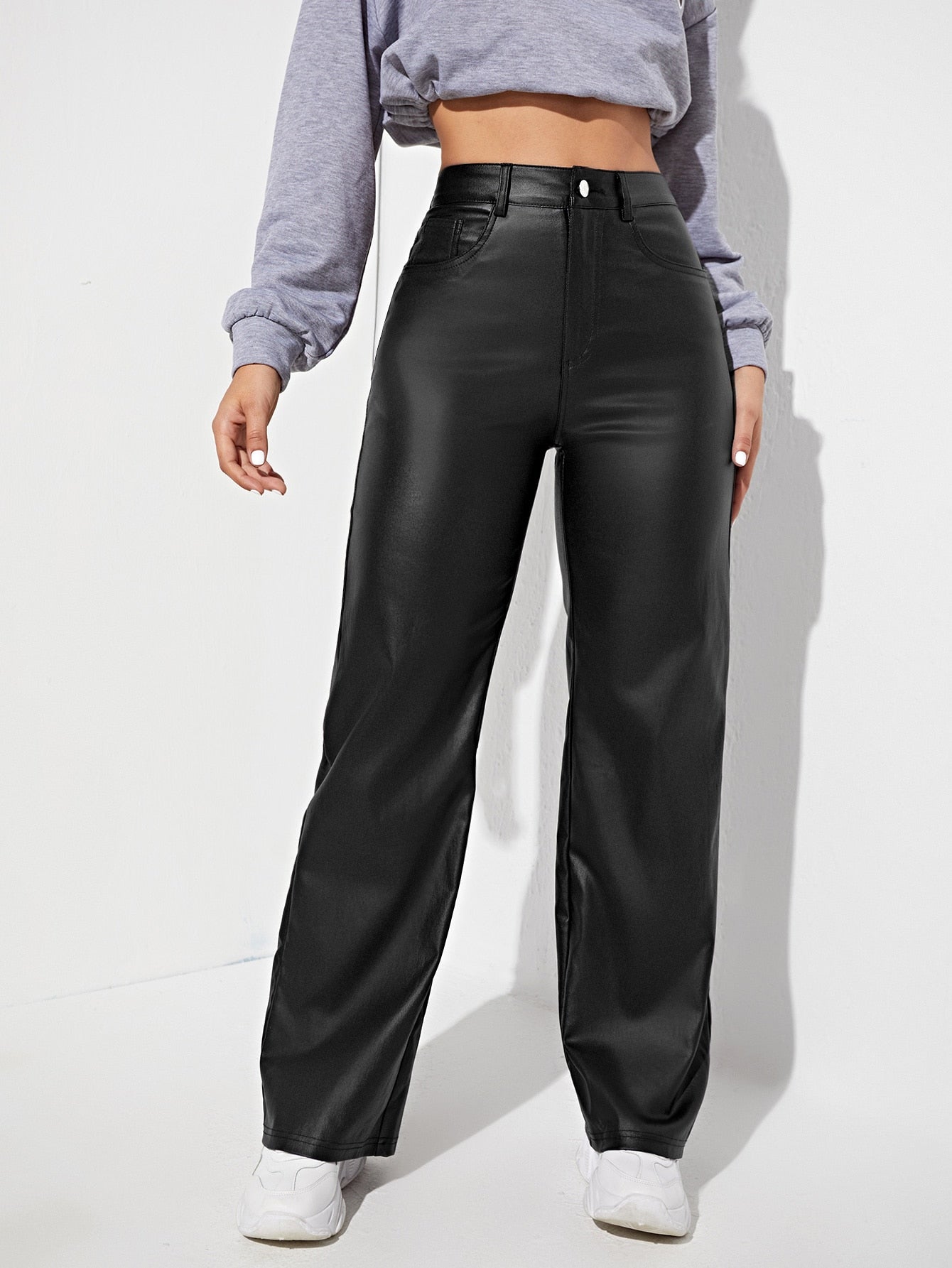 Black Pu Wide Leg Jeans