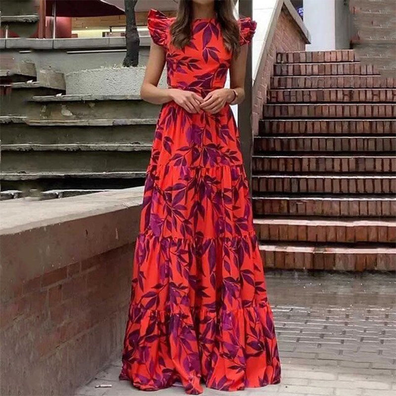 Red Printed Flutter Sleeved Ruffle Dress