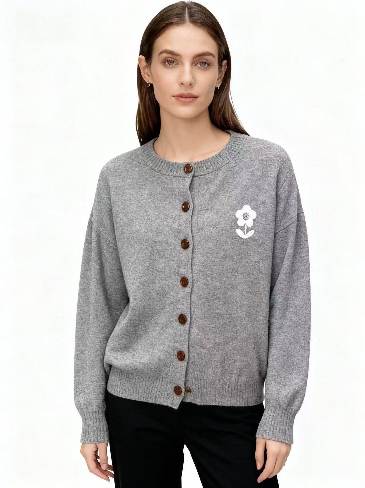Grey Full Sleeve Front Buttoned Cardigan