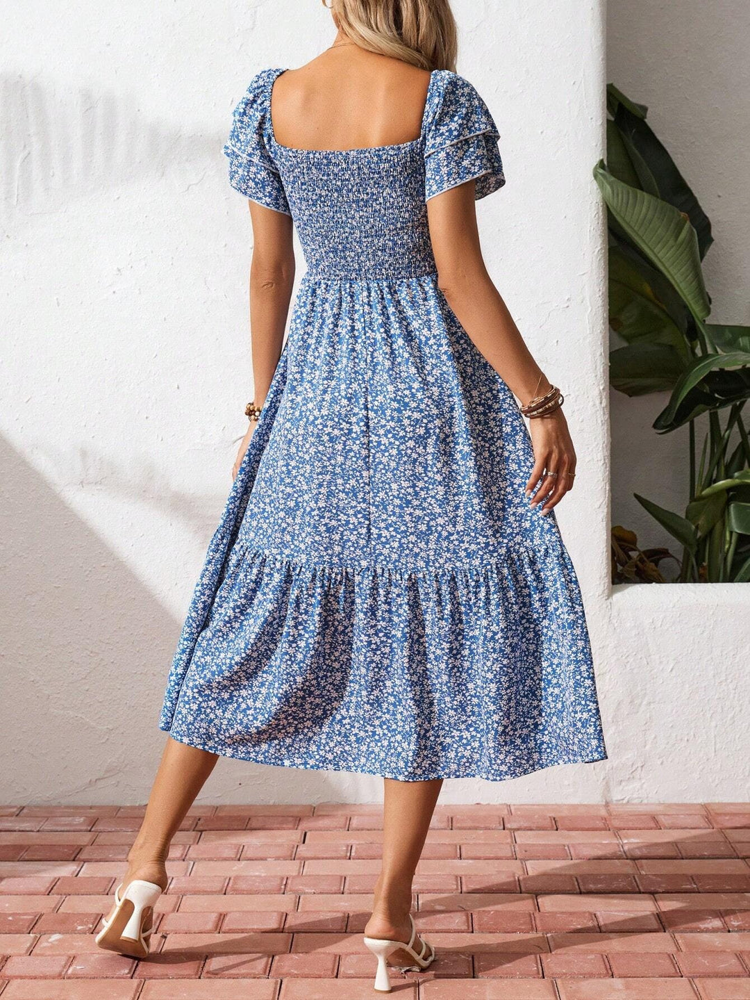 Blue Printed Ruched Dress