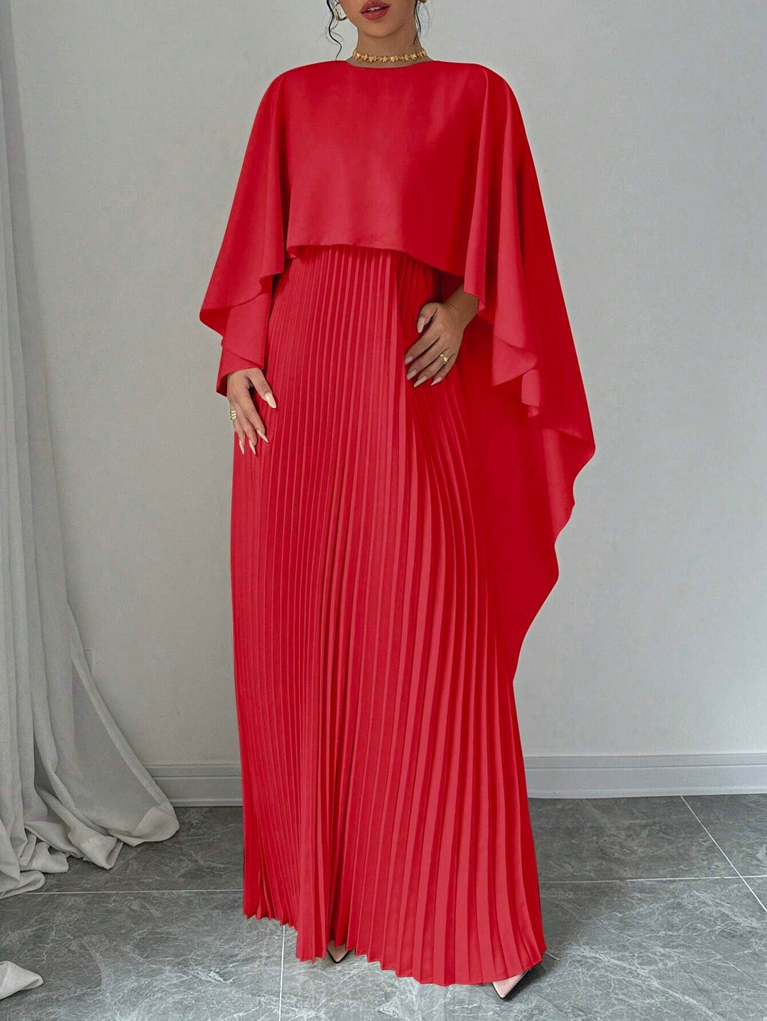 Red Crew Neck Coverup Pleated Dress