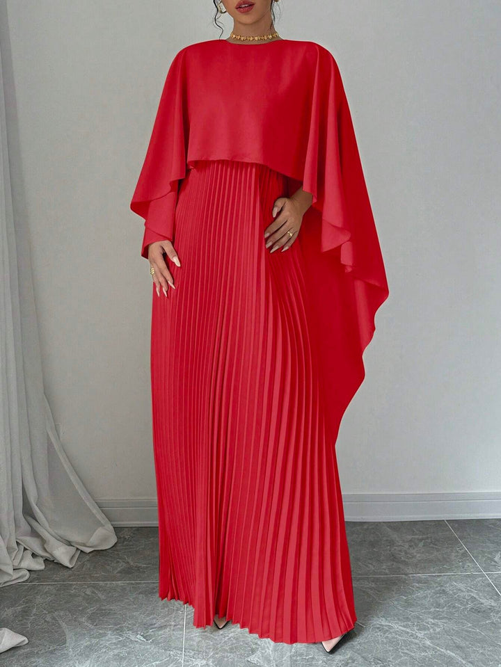 Red Crew Neck Coverup Pleated Dress