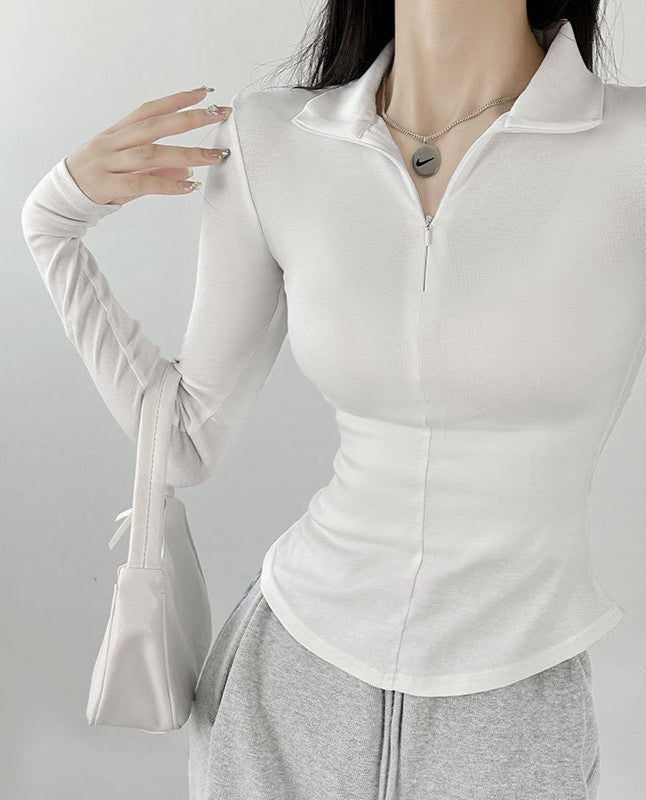 White Front Zip Full Sleeved T-Shirt