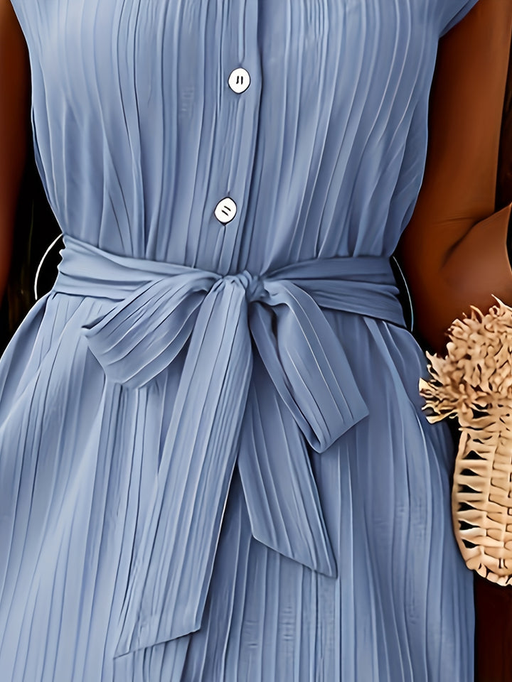 Blue Textured Shirt Dress With Tie Up