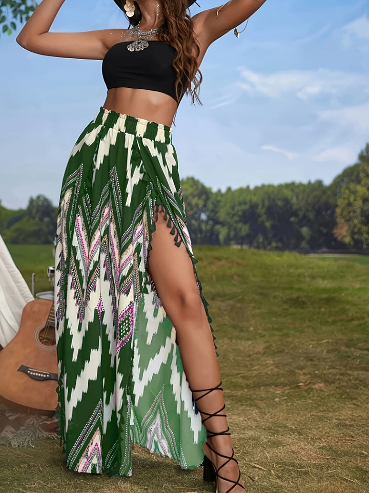 Green Printed Side Slit Maxi Skirt