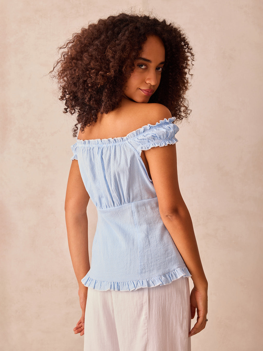 Blue Off Shoulder Front Buttoned Top