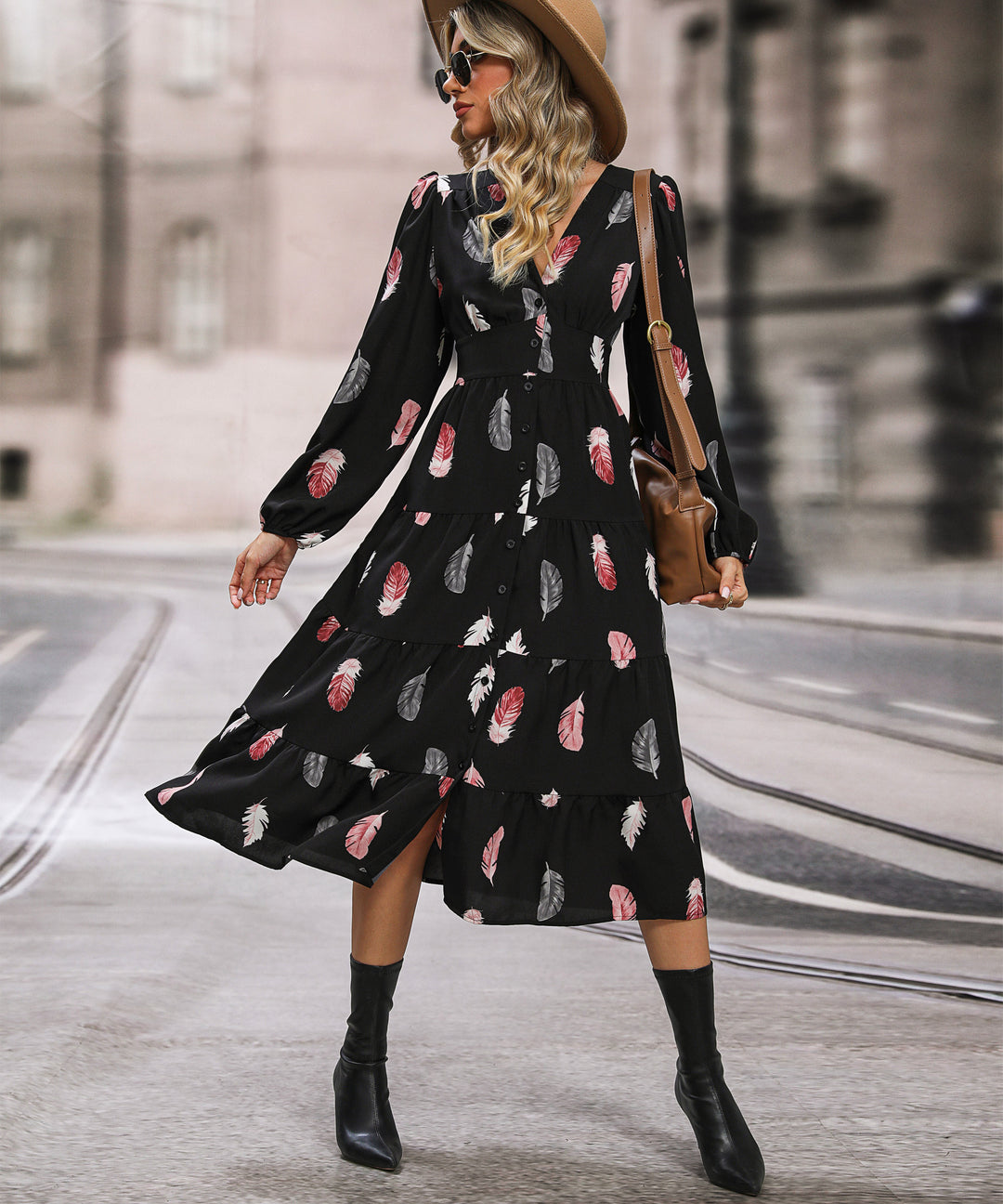 Black Printed Front Slit Dress
