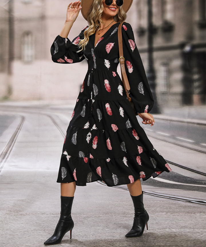 Black Printed Front Slit Dress