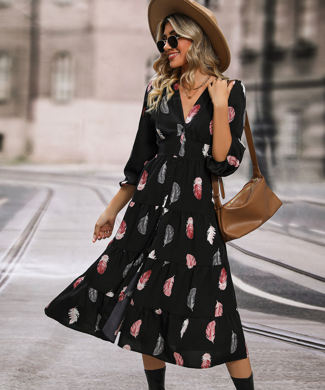 Black Printed Front Slit Dress