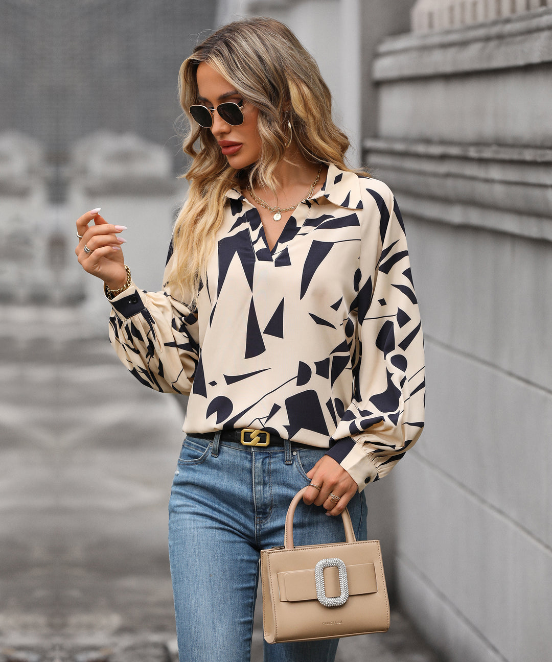 Beige Abstract Printed Collared Top