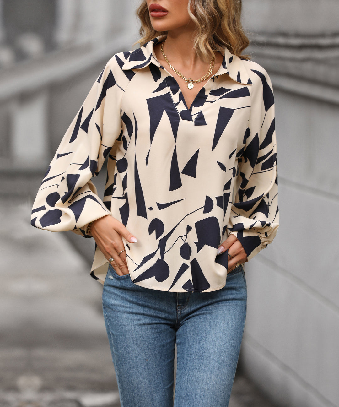 Beige Abstract Printed Collared Top