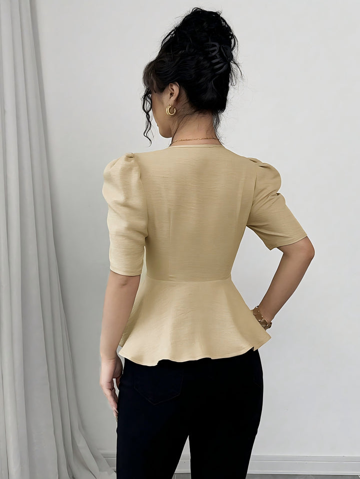 Beige Puff Sleeve Square Neck Peplum Style Top