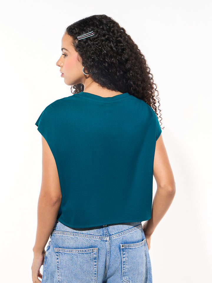 Teal Sleeveless Crop Boxy Printed Tees