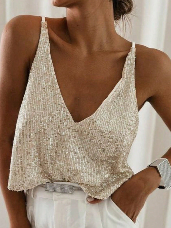 Cream Sequined V Neck Camisole