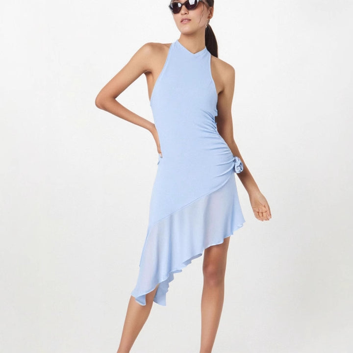 Blue Asymmetric Hem Solid Dress
