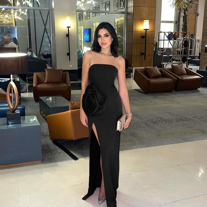 Black Tube Dress With A Rosette Detail