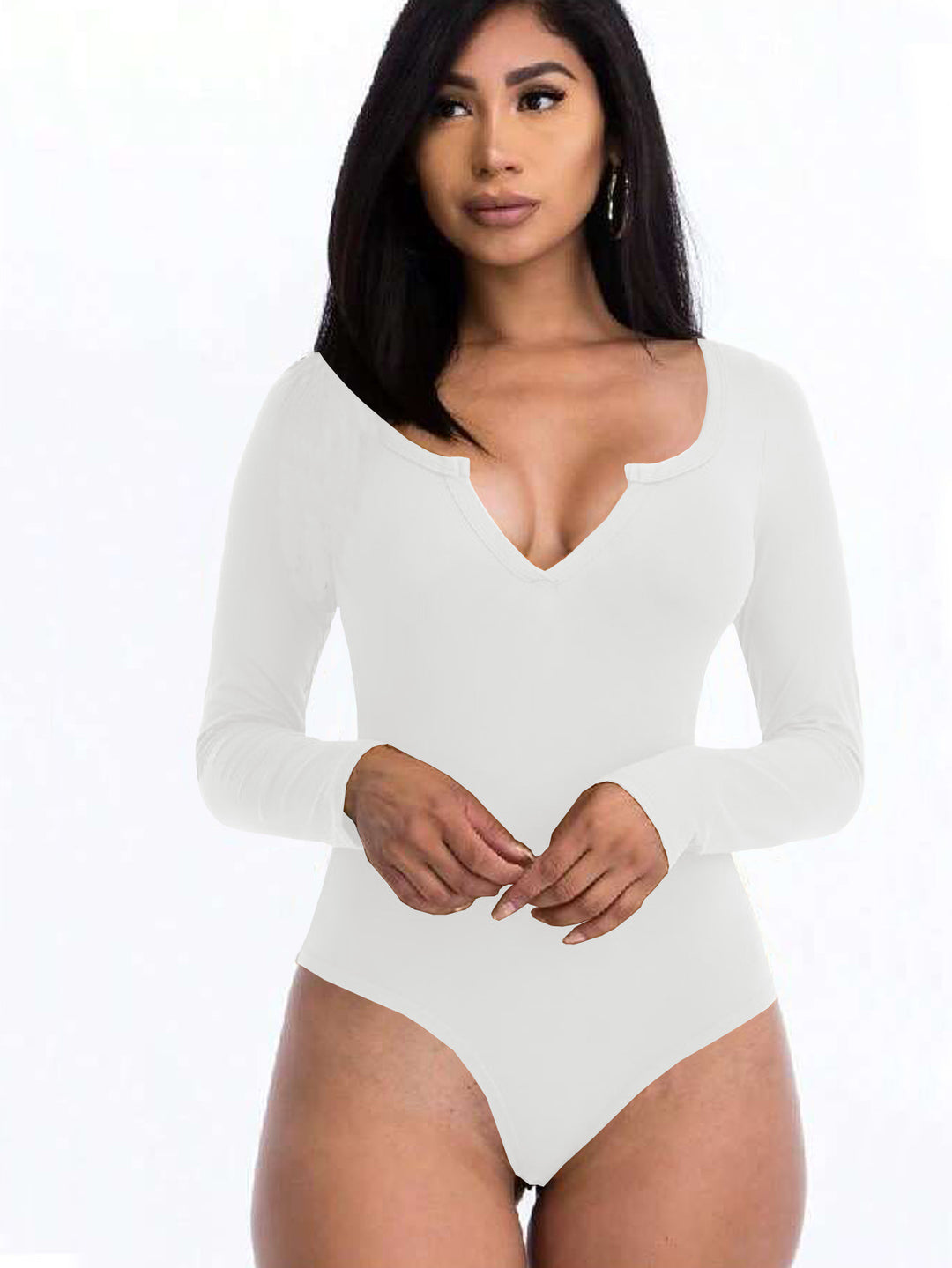 Off White Full Sleeved Scoop V-Neck Bodysuit