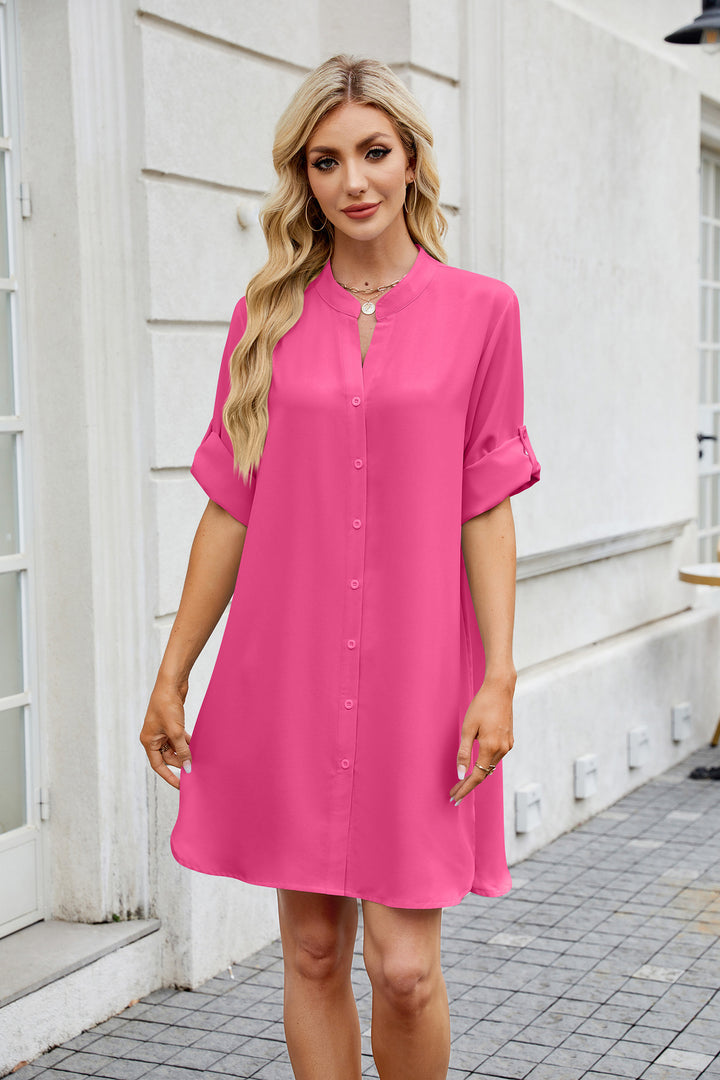 Pink Folded Sleeves Front Buttoned Dress