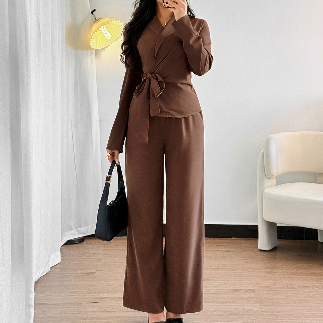 Brown Full Sleeve Wrap Shirt And Pant Set