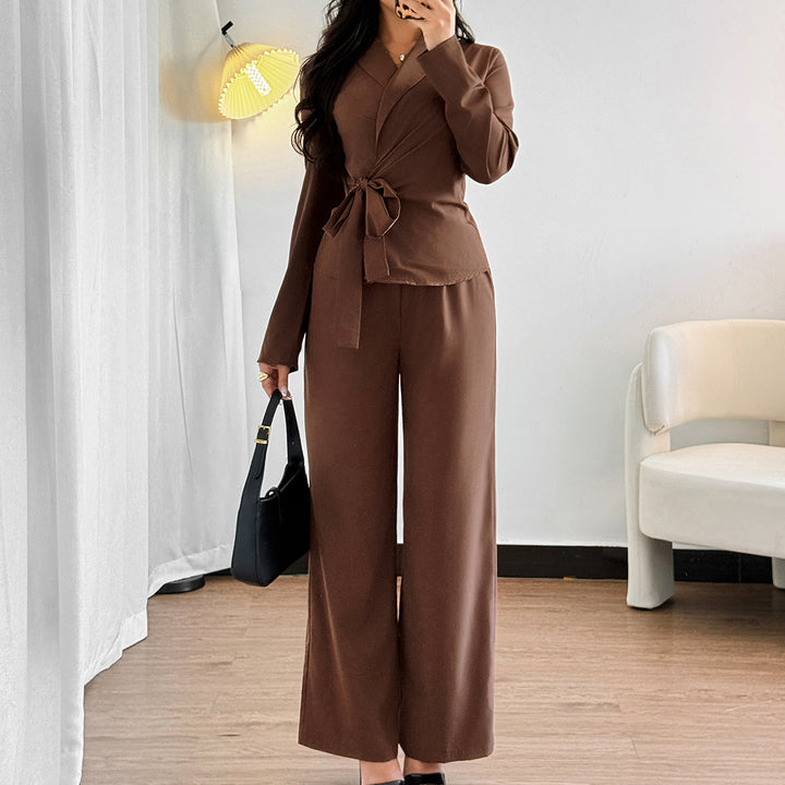 Brown Full Sleeve Wrap Shirt And Pant Set