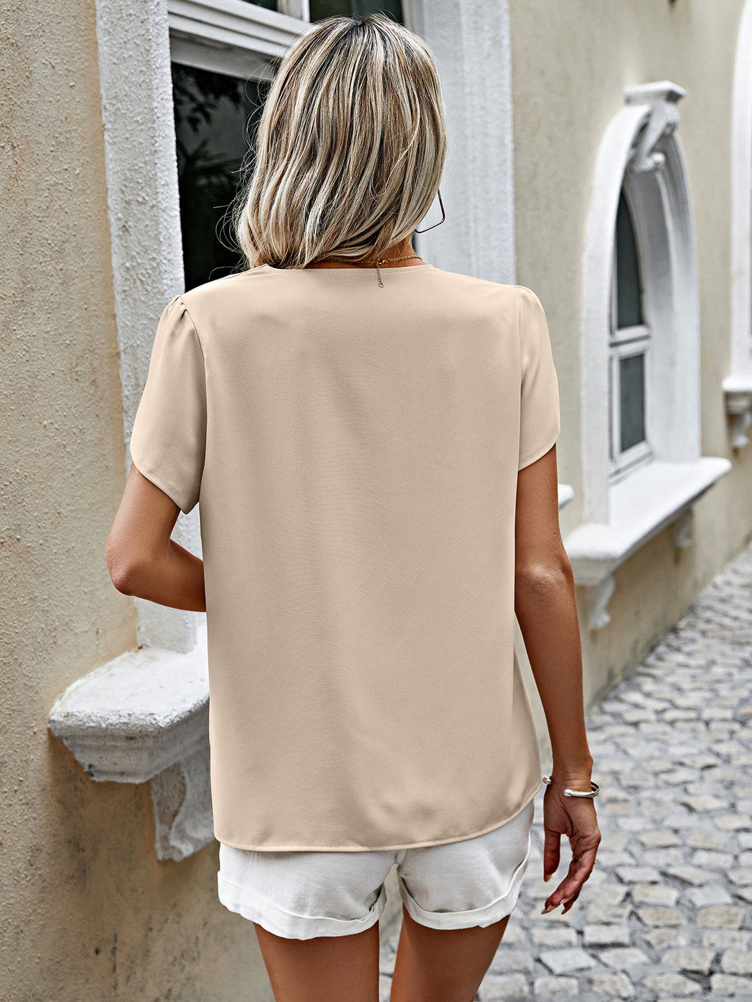 Beige V Neck Button Down Blouse