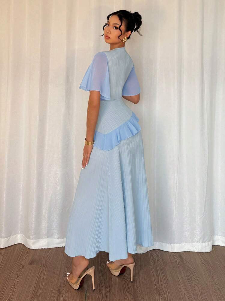 Blue Short Sleeve Frill Attached Dress
