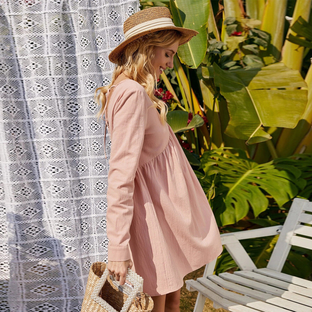 Pink Full Sleeved V-Neck Skater Dress