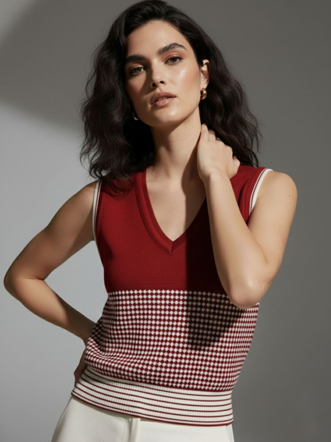 Wine V Neck Flat Knit Tank