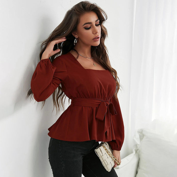 Red Bishop Sleeve Waist Tie-Up Top