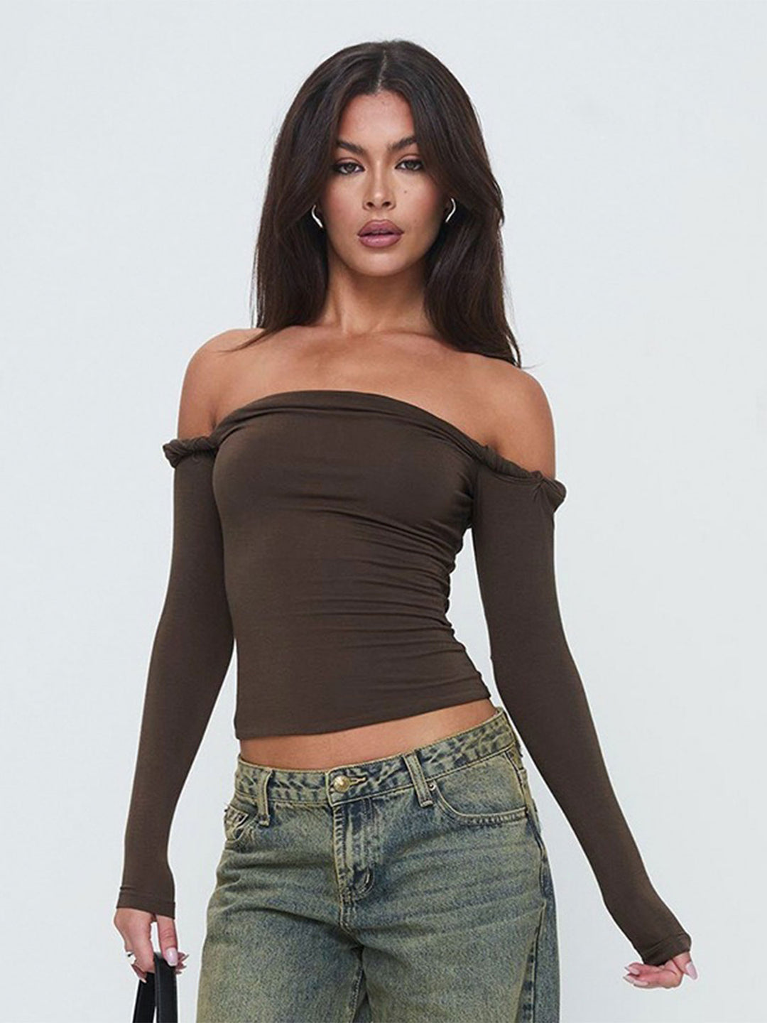 Brown Off-Shoulder Rolled Up Hem Top
