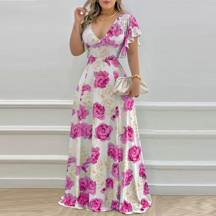 Pink Printed Plunge Neck Flutter Sleeve Dress