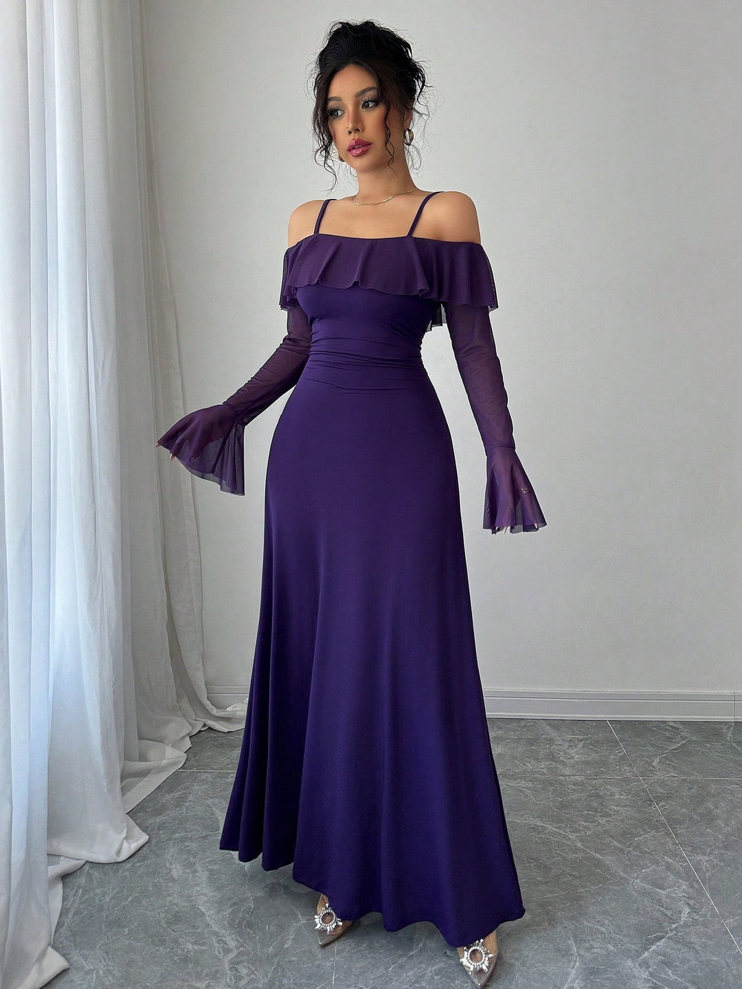 Purple Ruffle Detail Off Shoulder Dress