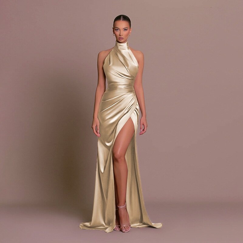 Gold Halter Neck Satin Wrap Dress