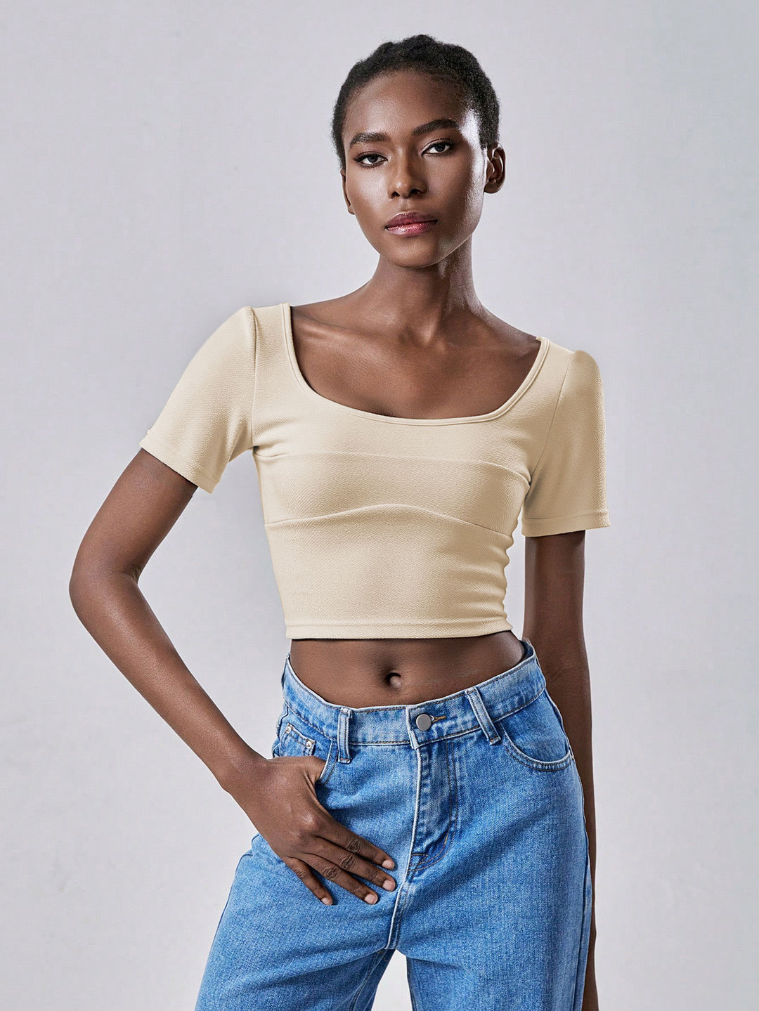 Cream Short Sleeve Round Neck Back Bow Top