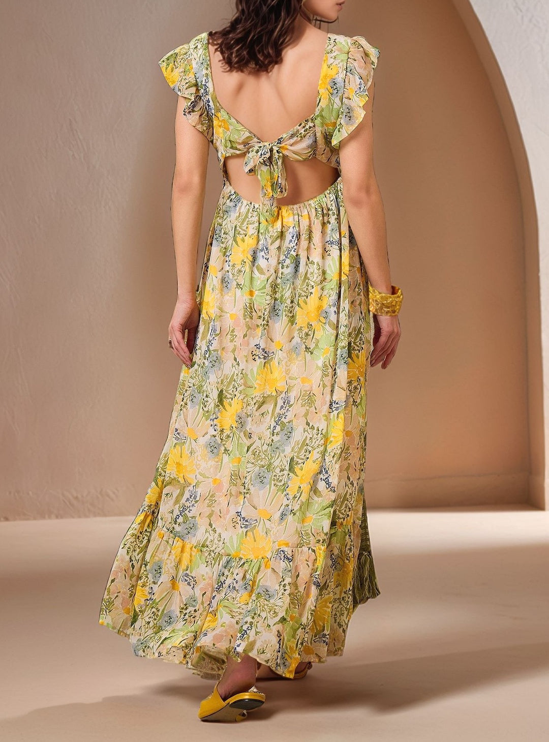 Green Ruffle Sleeve Square Neck Printed Dress
