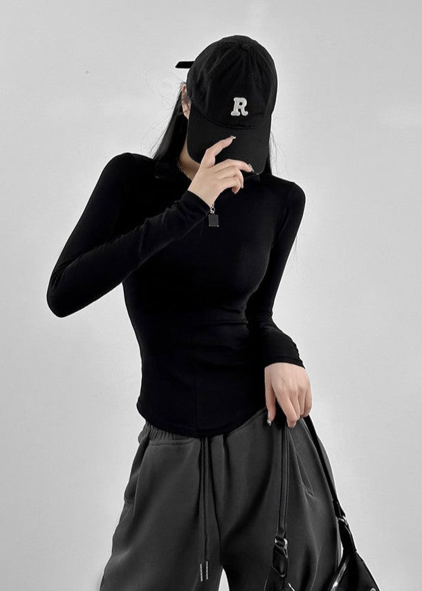 Black Front Zip Full Sleeved T-Shirt