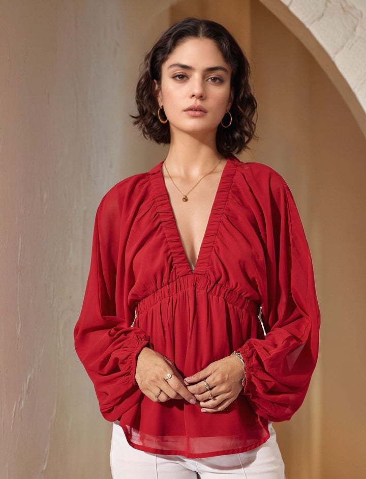 Red Balloon Sleeve V Neck Top