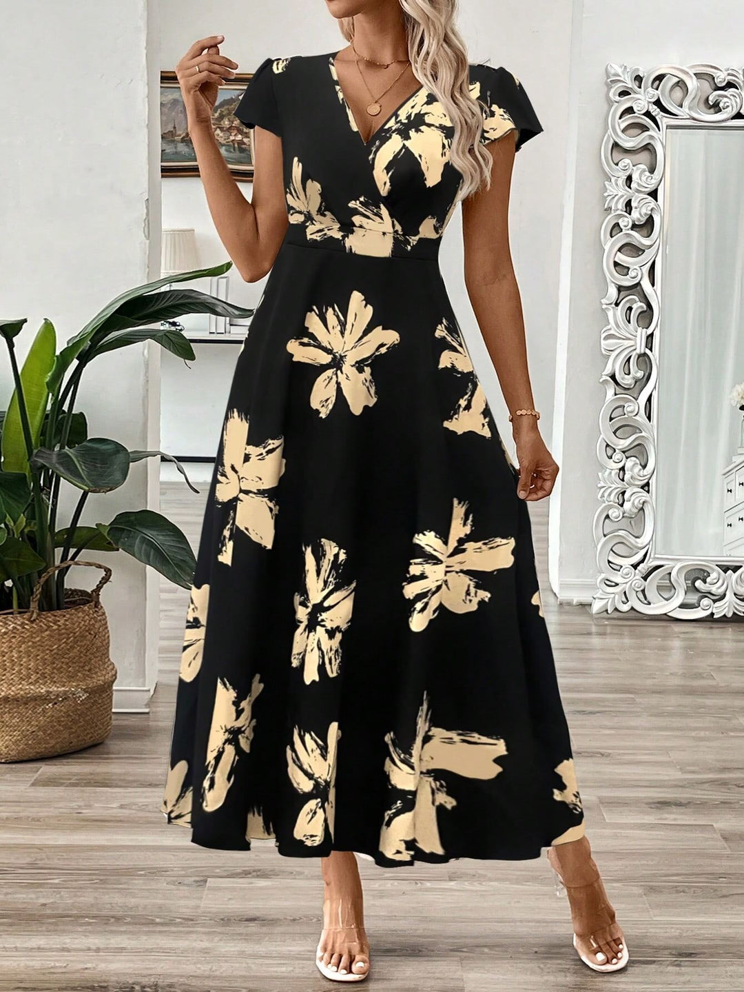 Black V Neck Floral Maxi Dress