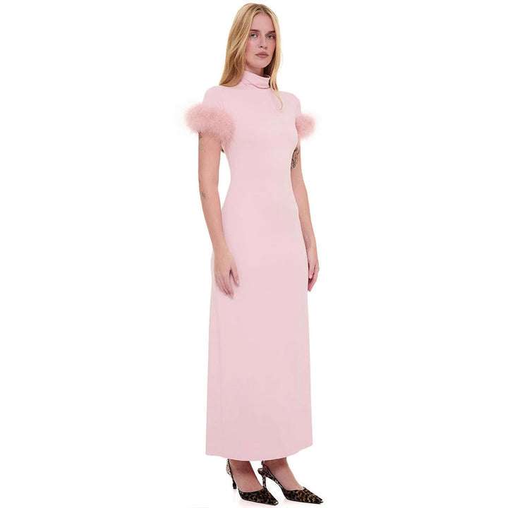 Pink High Neck Bodycon Dress With Fuzzy Sleeves