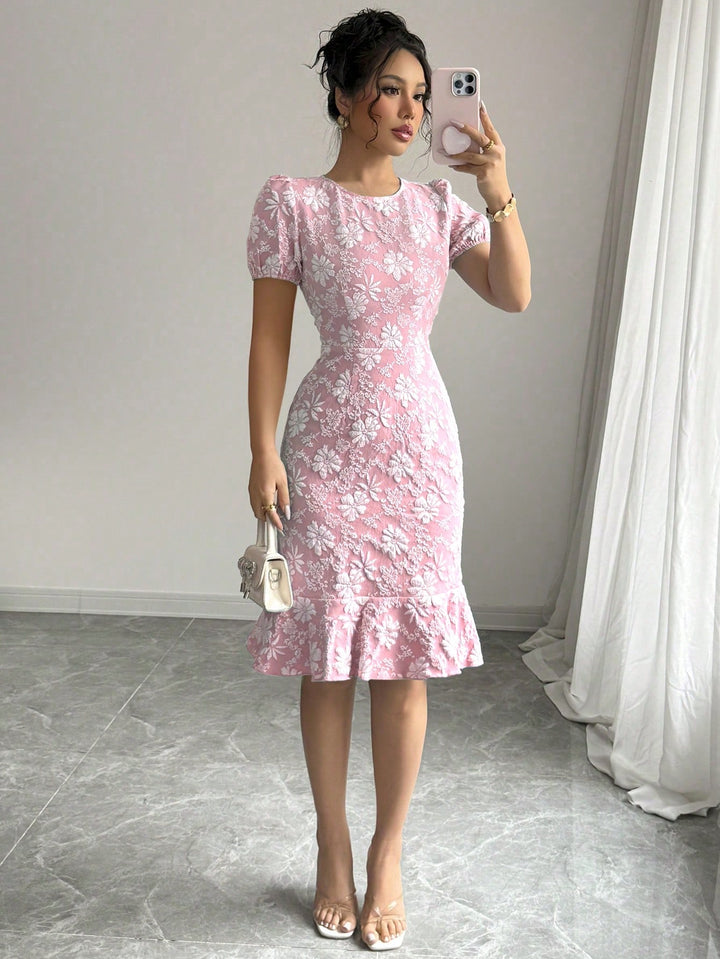 Pink Short Sleeve Textured Ruffle Hem Dress