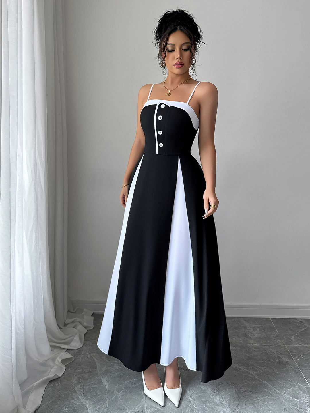 Black Shoulder Strap Colour Block Dress