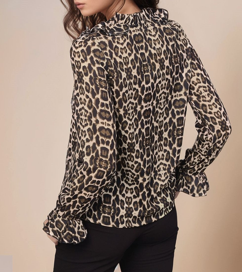Black Animal Print Bishop Sleeve Top